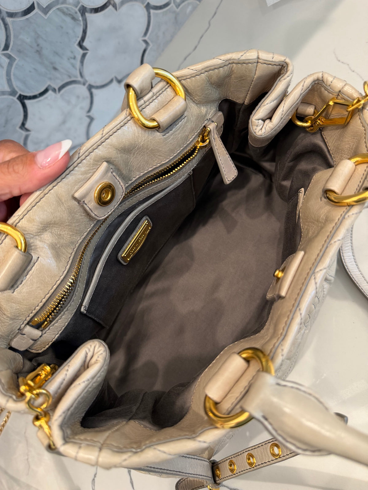 Miu Miu Matelasse Tote — Beige Quilted Leather