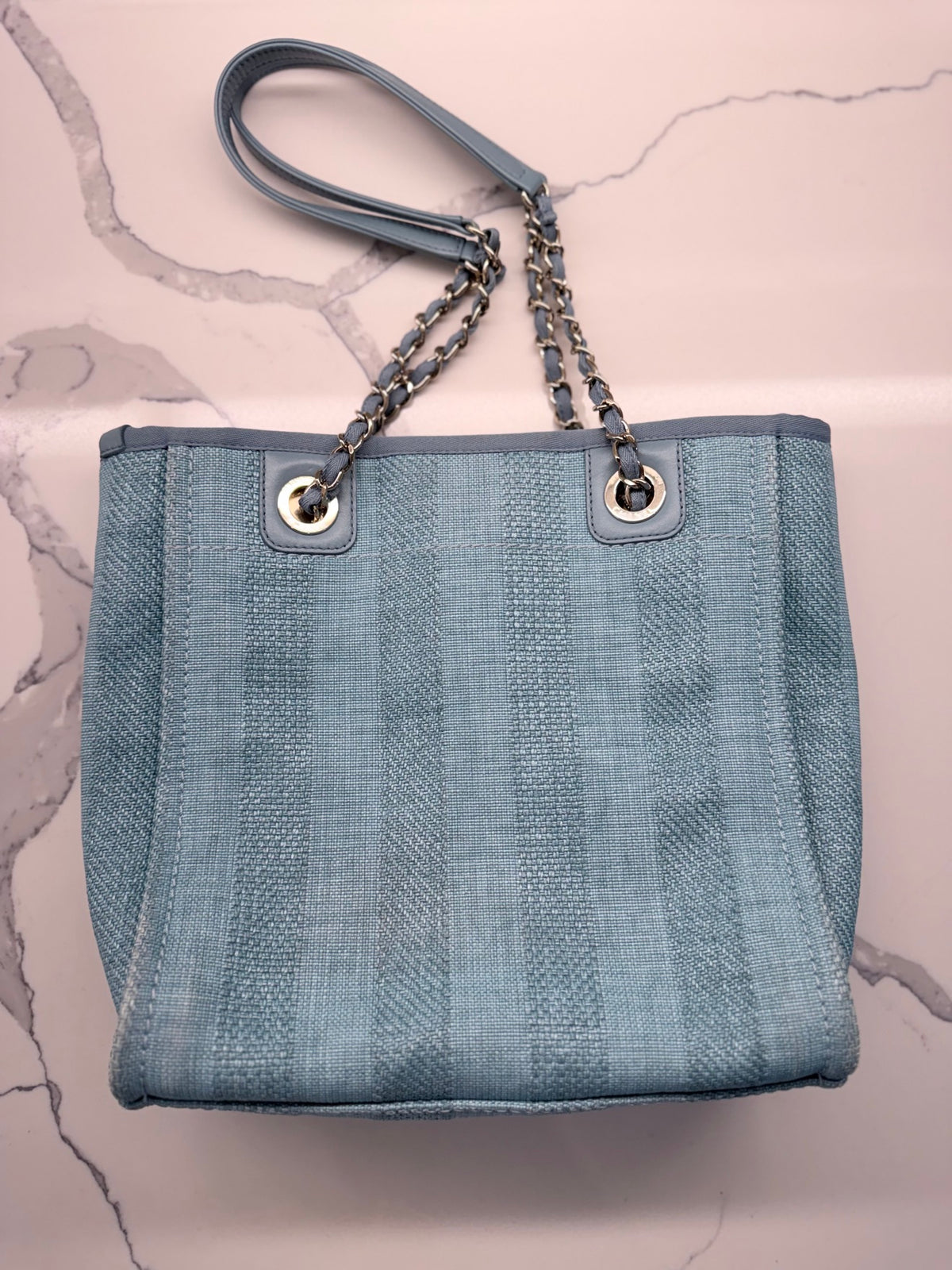 Chanel Deauville Tote — Light Blue Raffia with Silver Hardware