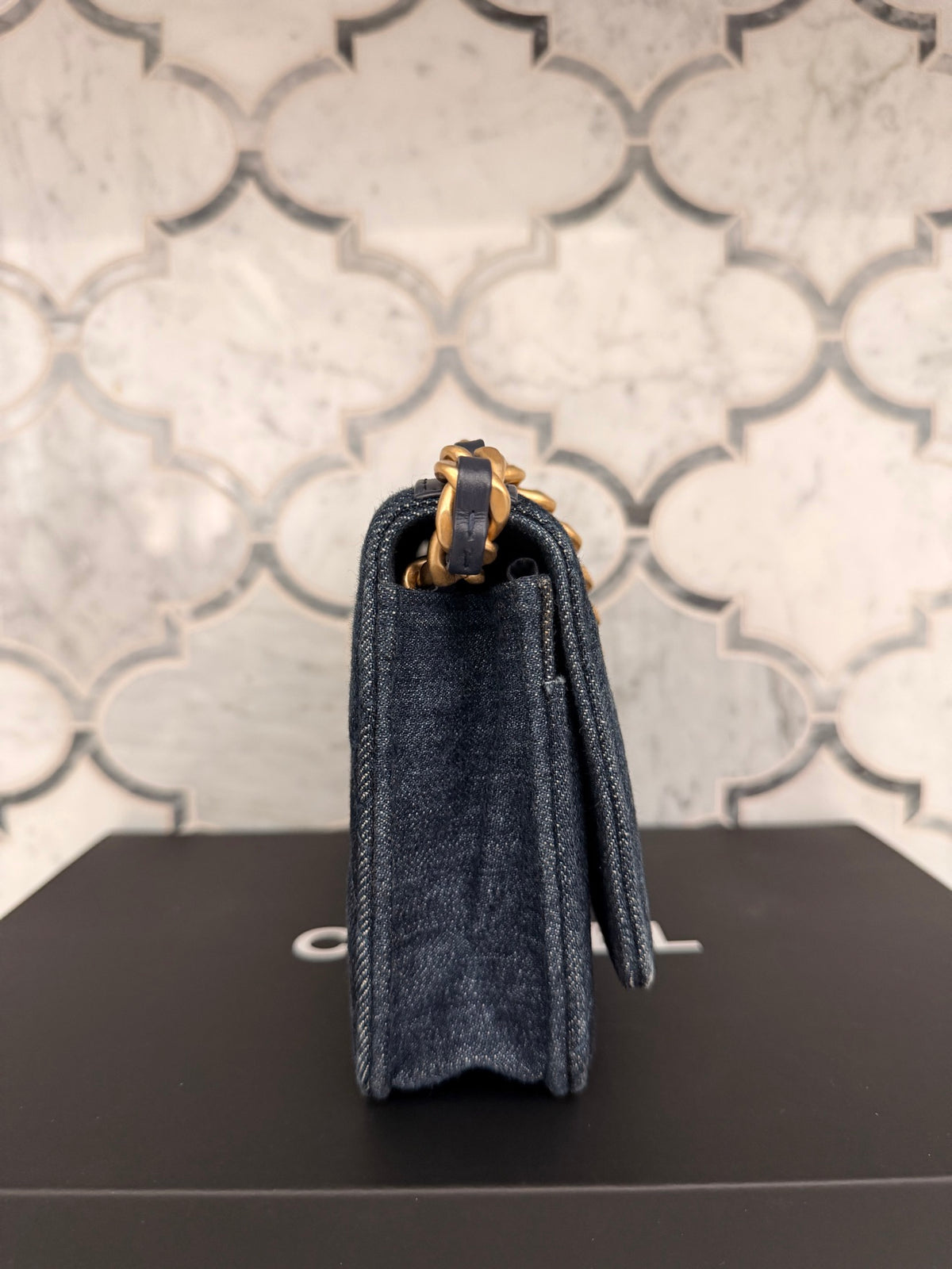 Chanel 19 Navy Quilted Denim Wallet On Chain