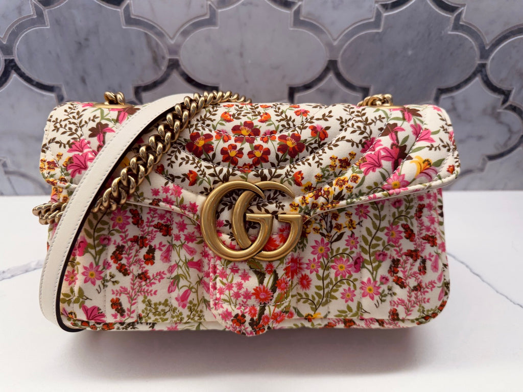 Gucci GG Marmont Small Floral Print Shoulder Bag — Pink/White