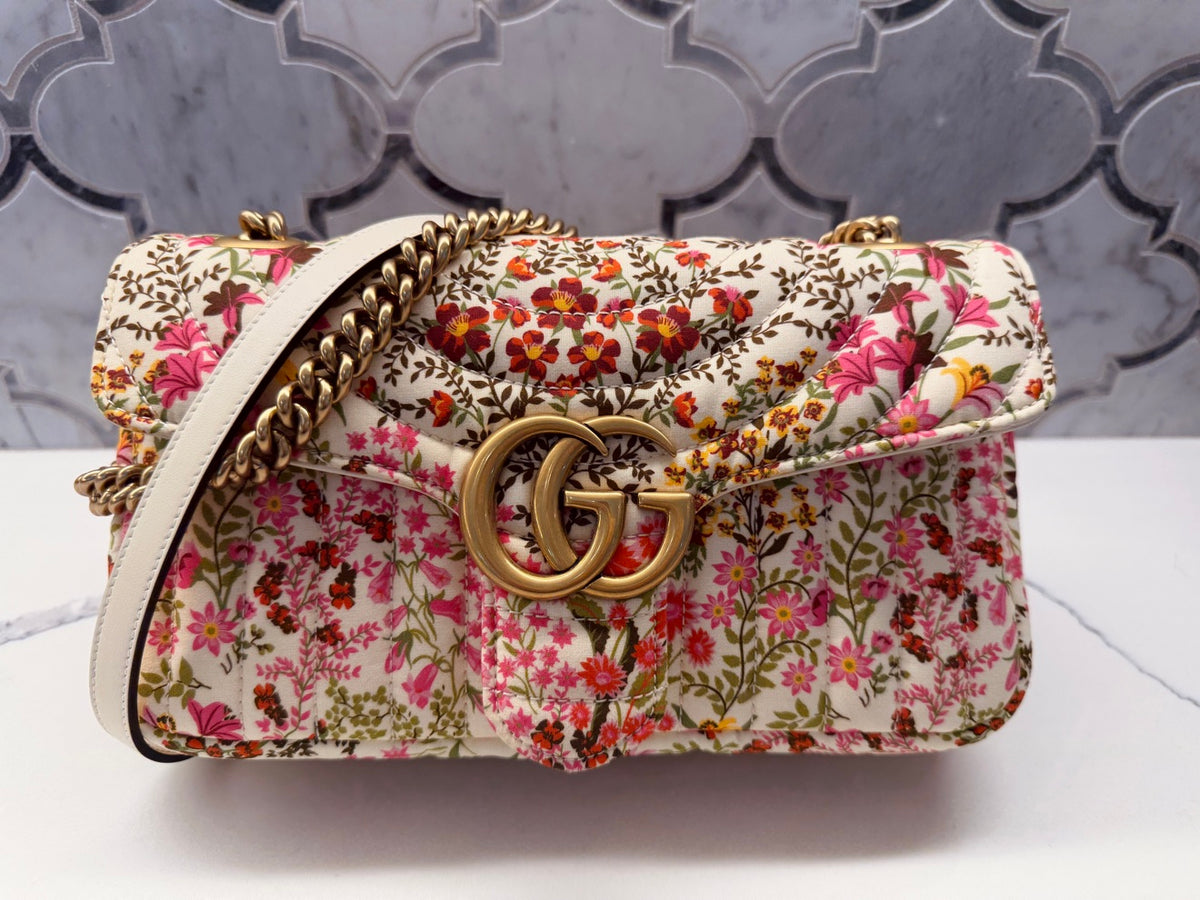 Gucci GG Marmont Small Floral Print Shoulder Bag — Pink/White
