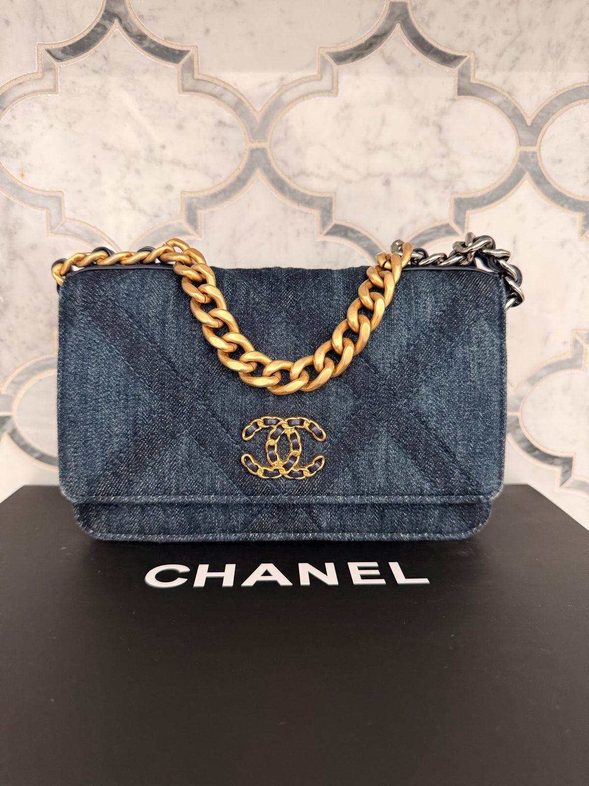 Chanel 19 Navy Quilted Denim Wallet On Chain