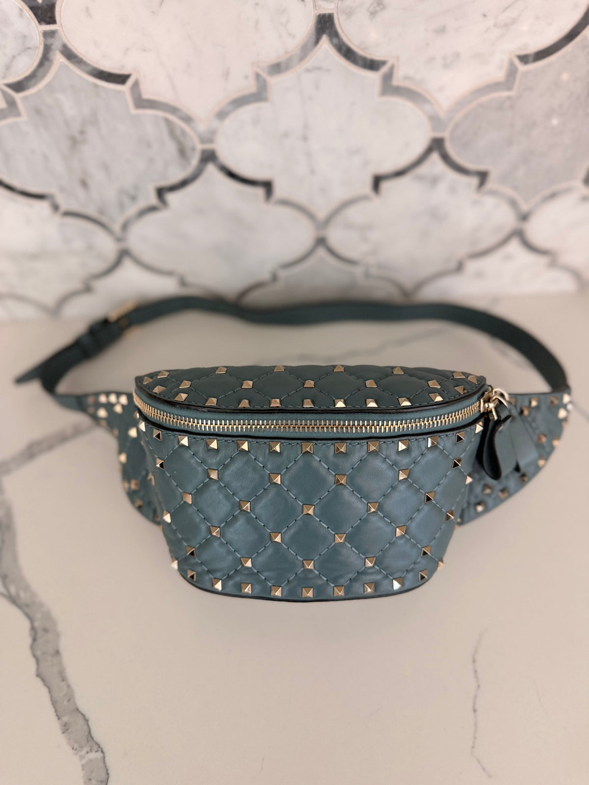 Valentino Garavani Rockstud Spike Belt Bag — Muted Teal Nappa