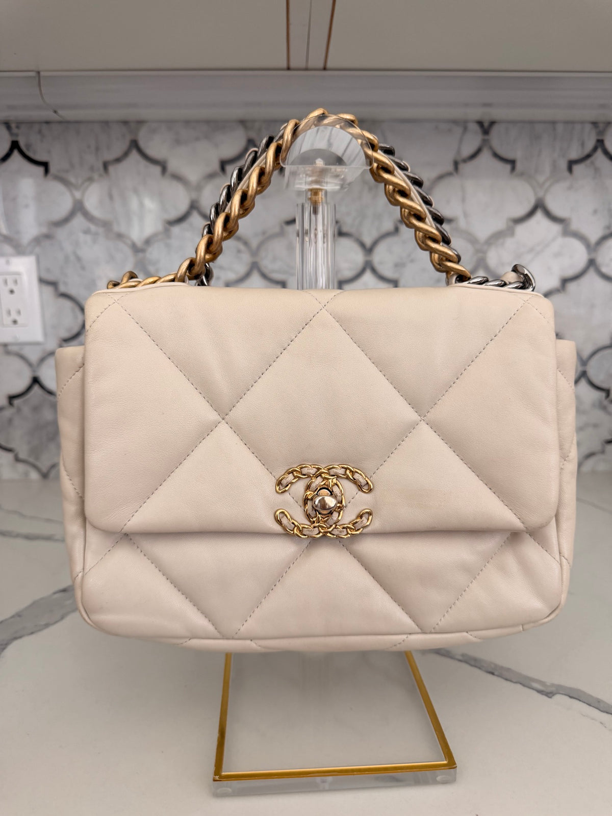 Chanel 19 Medium Flap Bag in Beige Quilted Lambskin