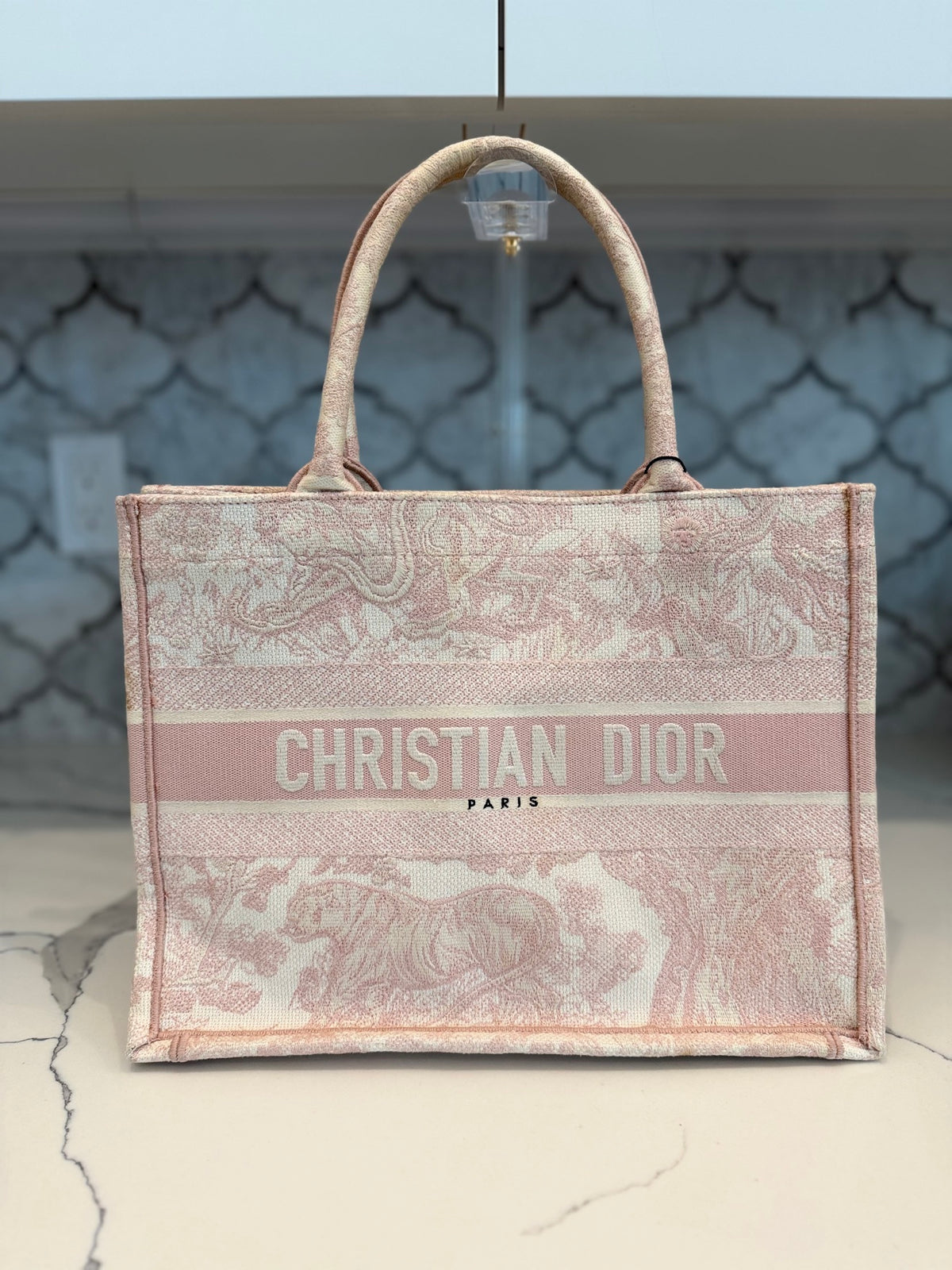 Dior Book Tote Medium — Pink Toile de Jouy Embroidery