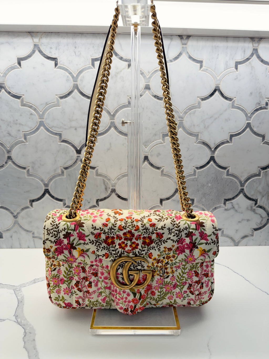 Gucci GG Marmont Small Floral Print Shoulder Bag — Pink/White