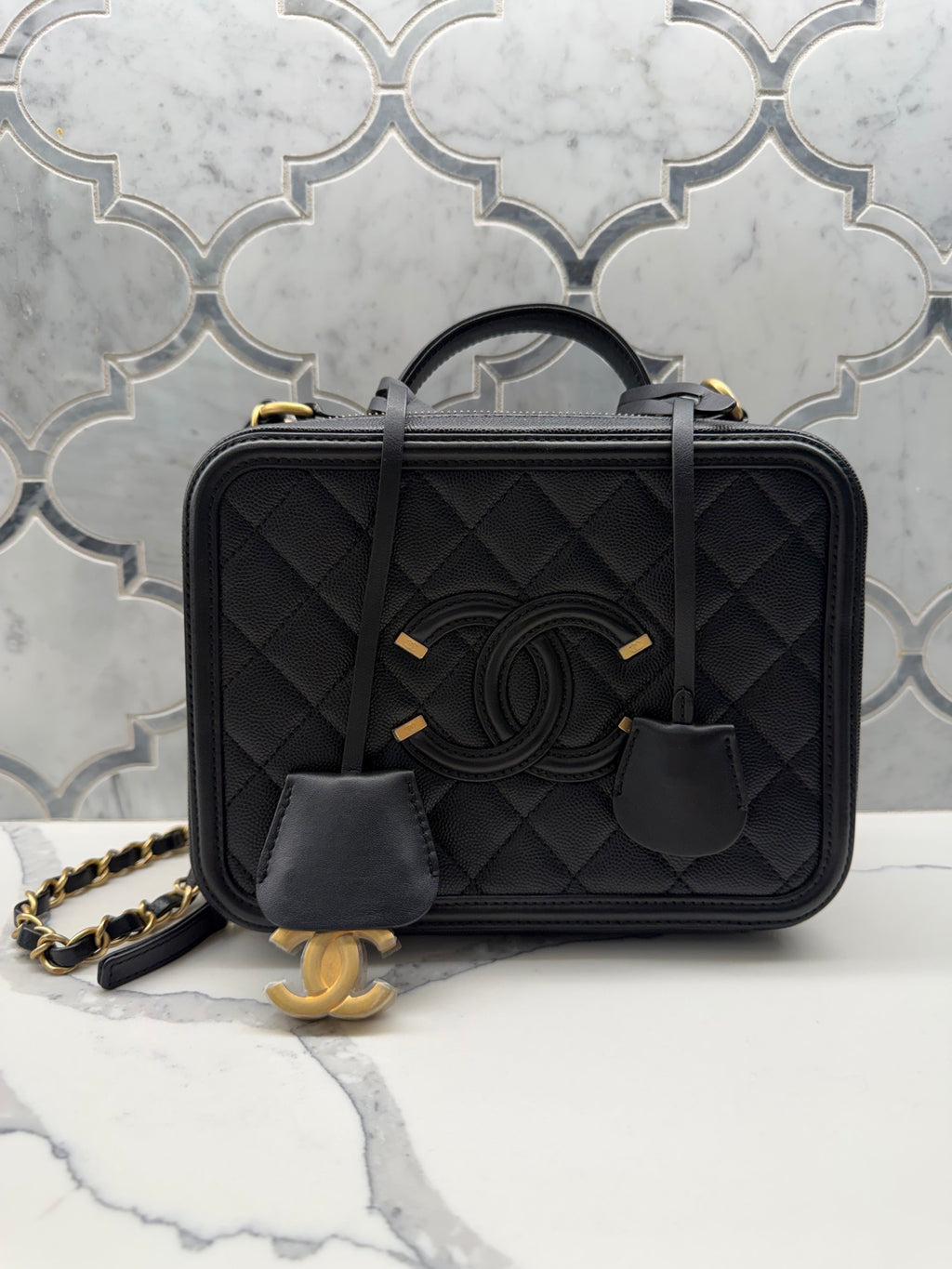 Chanel Filigree Vanity Case — Black Quilted Caviar Leather with Gold Hardware