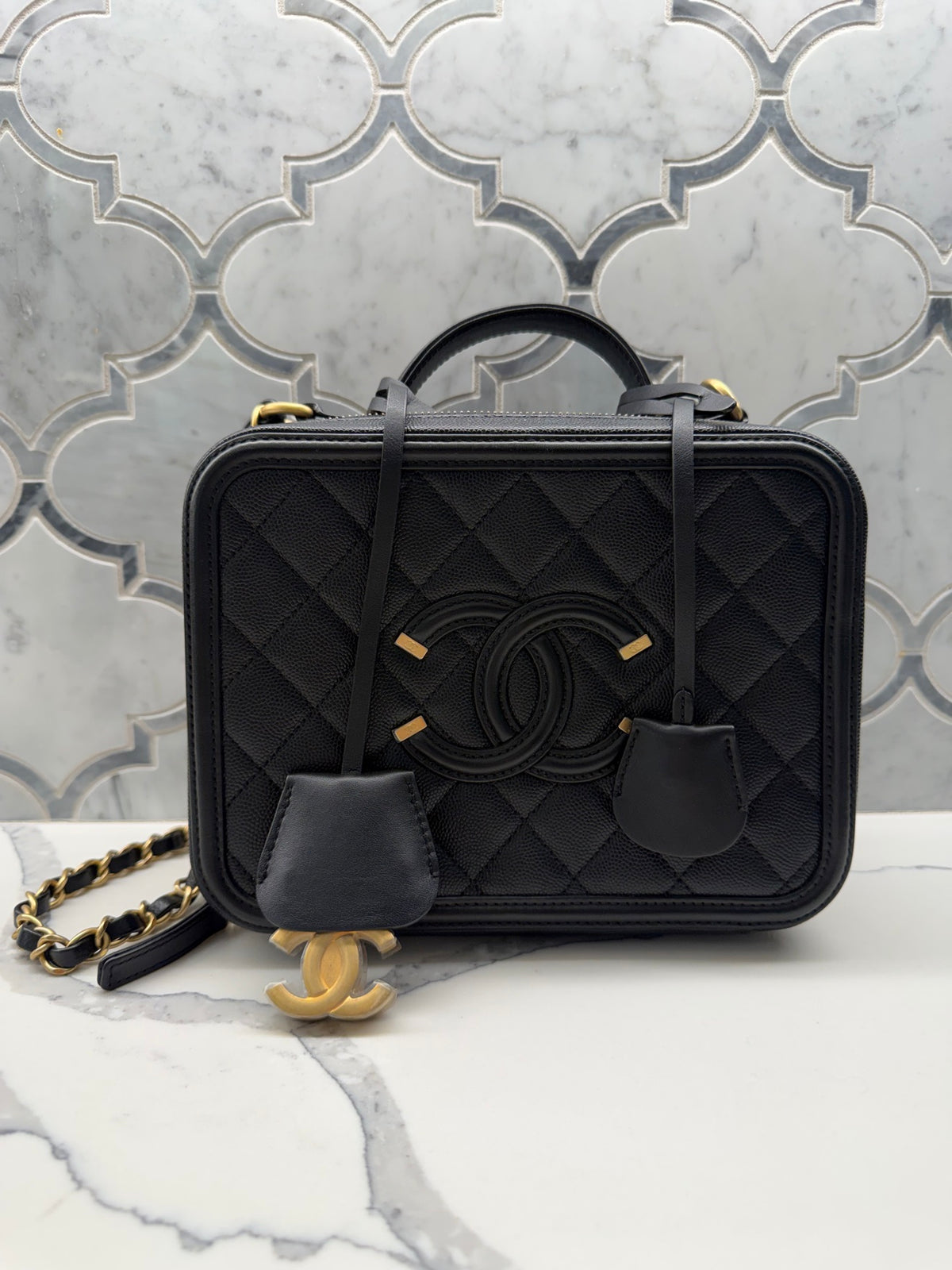 Chanel Filigree Vanity Case — Black Quilted Caviar Leather with Gold Hardware