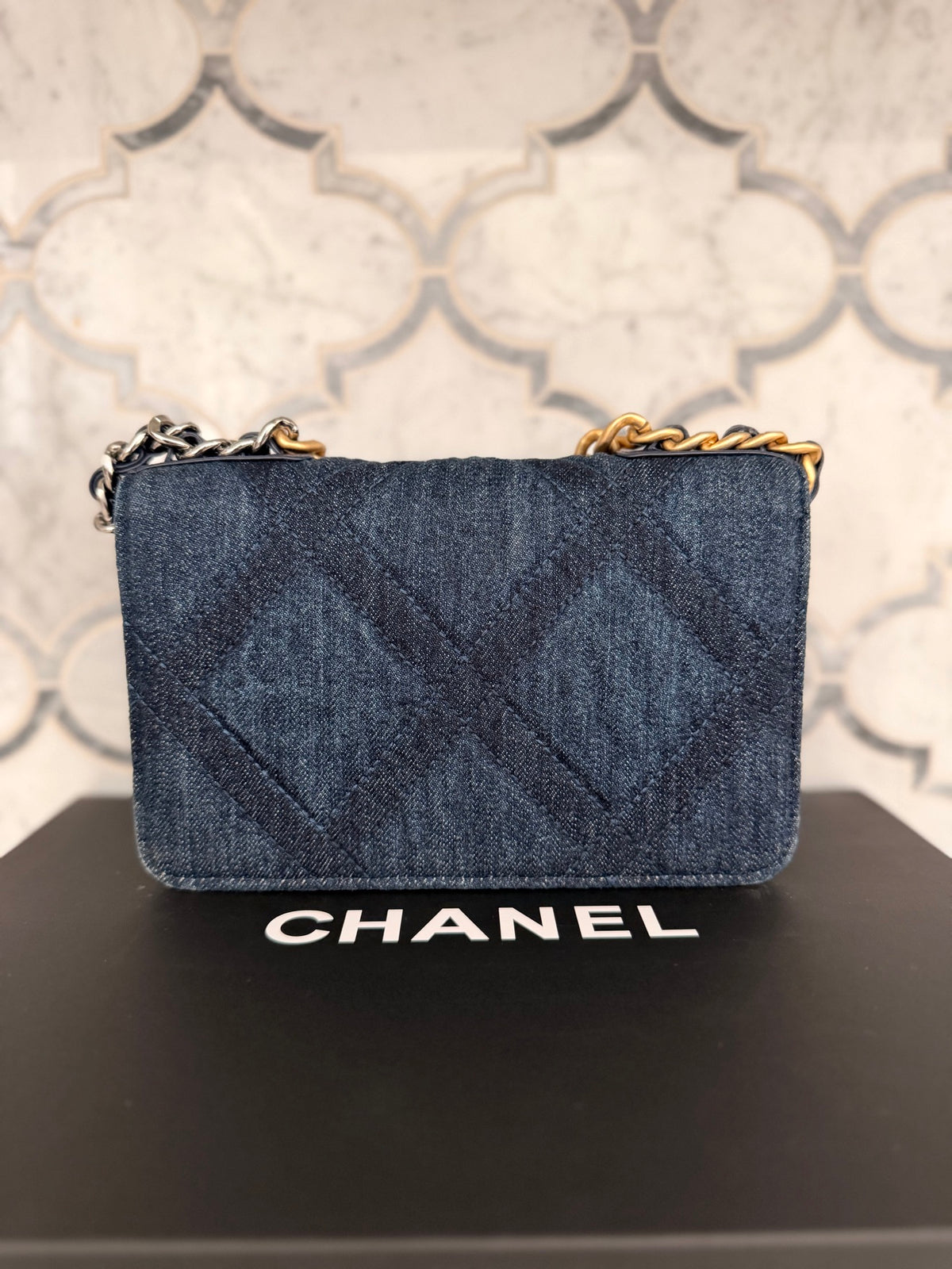 Chanel 19 Navy Quilted Denim Wallet On Chain
