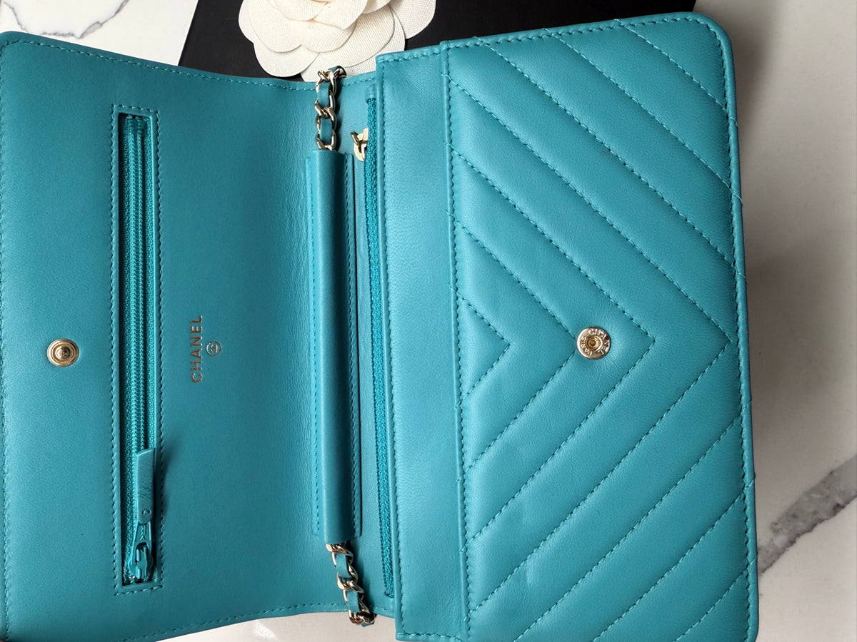Chanel Chevron Lambskin Wallet On Chain in Aqua Blue with Gold Hardware