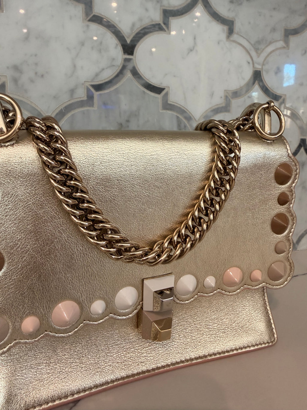 Fendi Silver Metallic Leather Kan I Rainbow Studs Crossbody