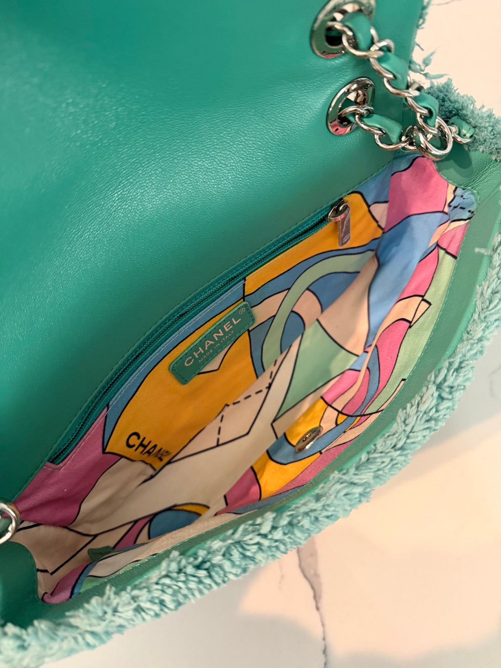Chanel 19 Flap Bag — Green Terry Cloth with Silver Hardware