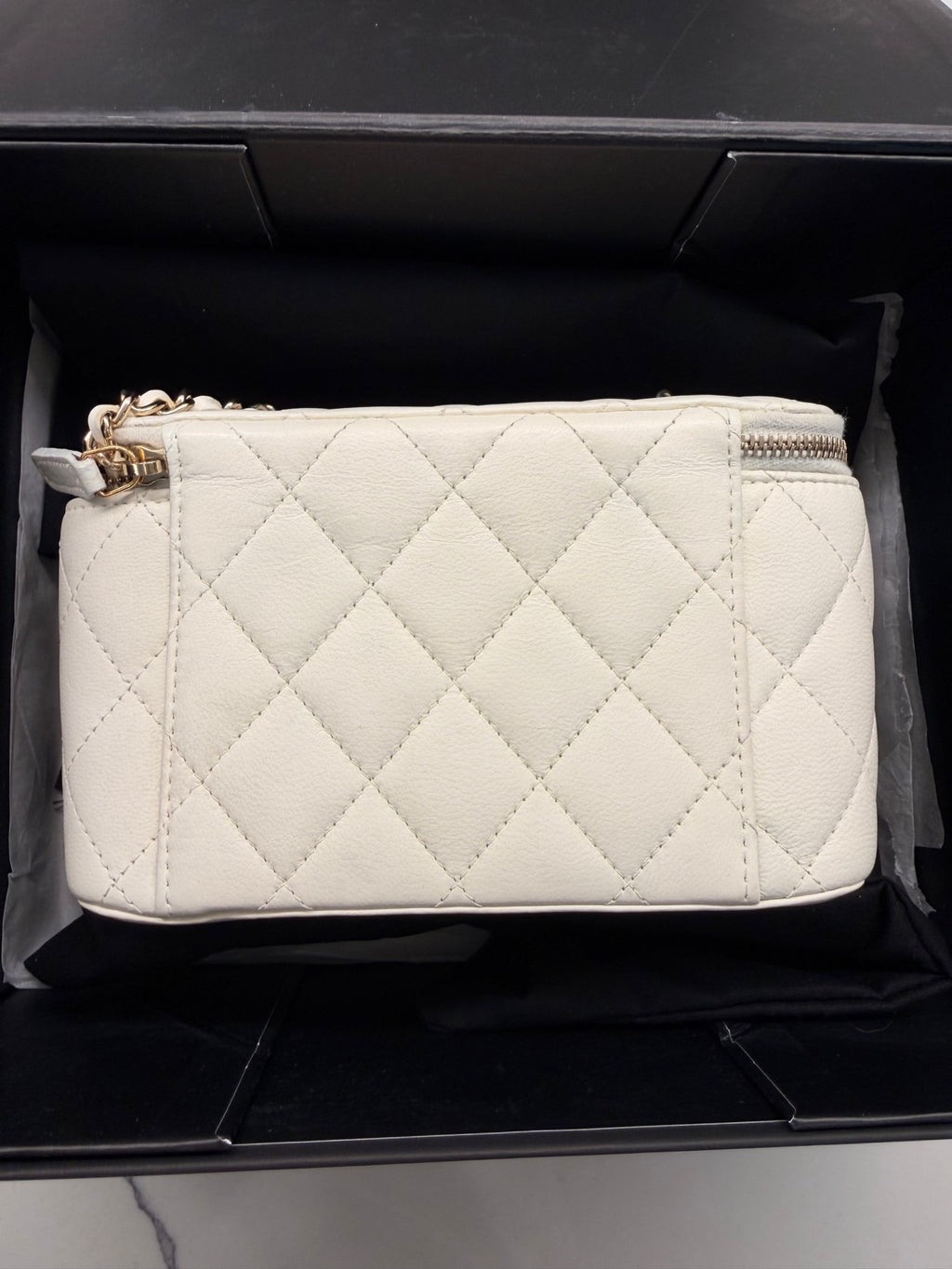 Chanel White Quilted Vanity Case with Checkered Ball Charm