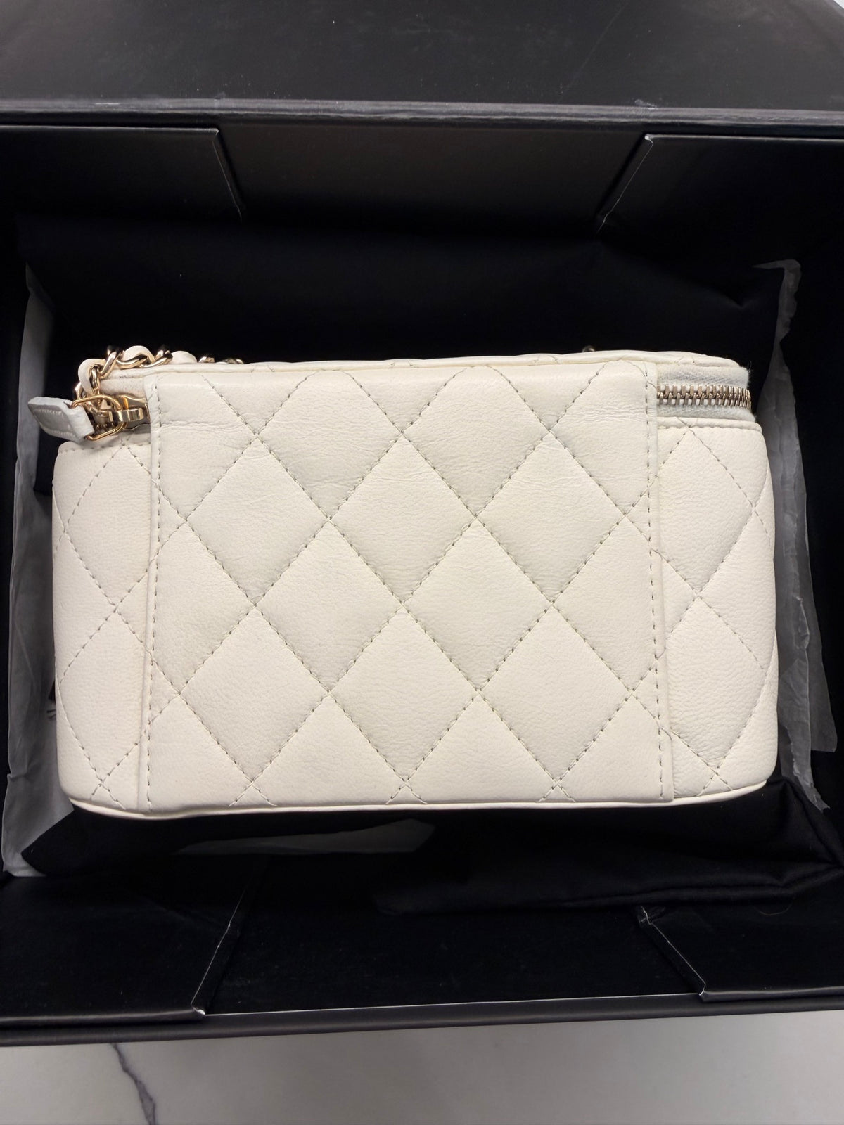 Chanel White Quilted Vanity Case with Checkered Ball Charm