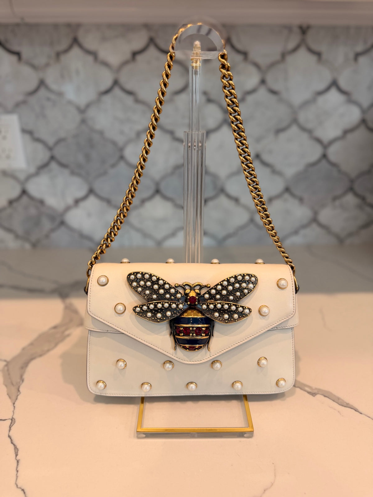 Gucci Pearl Bee Clutch — Ivory Leather