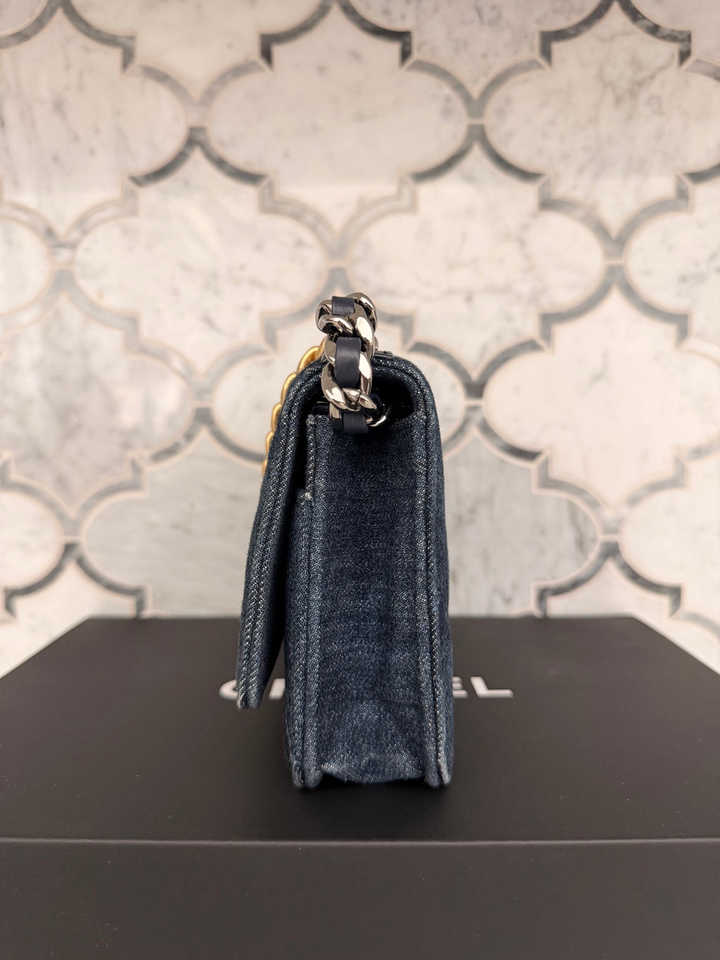 Chanel 19 Navy Quilted Denim Wallet On Chain