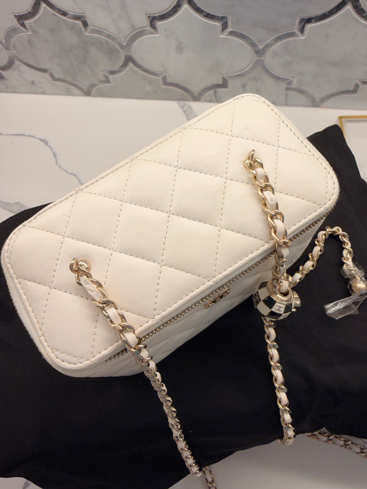 Chanel White Quilted Vanity Case with Checkered Ball Charm